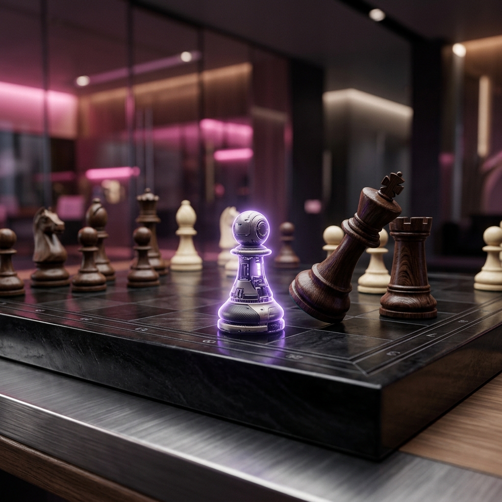 Representación conceptual 3D corporativa de servidores y analítica SEO con Inteligencia Artificial