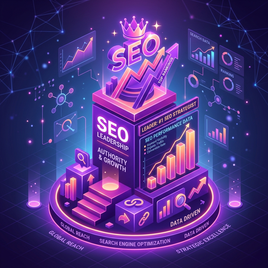 Podio digital 3D interactivo que representa el liderazgo de agencias SEO con inteligencia artificial en Argentina
