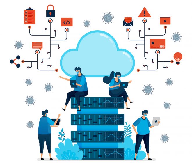 Vector illustration of cloud computing platform to support new normal work. Database tech for covid-19 pandemic. Design can be used for landing page, website, mobile app, poster, flyers, banner